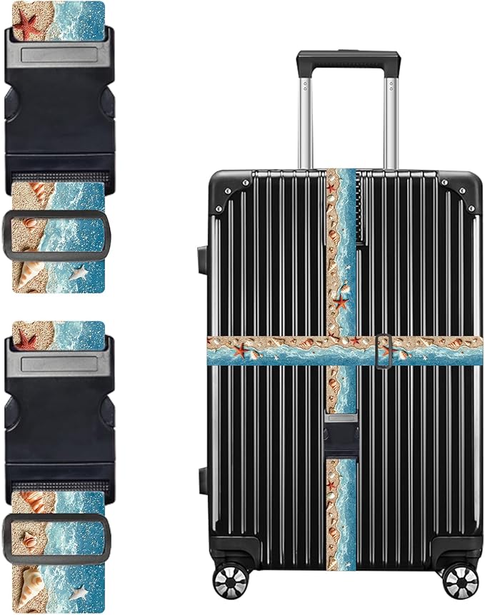 Nuxovilar Luggage Straps of 2 Set Beach Shells Starfish Pattern, 1.96x90.5 inches - Luggage Straps for Suitcases, Perfect for Beach Trips, Summer Travel, Vacations