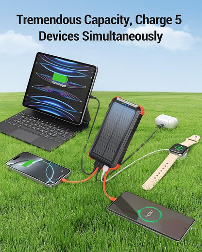 Power-Bank-Solar-Charger 45800mAh Fast Charging with 3 Built-in Cables LED Flashlight Portable External Battery Pack Compatible with iPhone, and-roid, Tablet, Drone, Camera