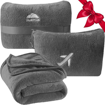 BlueHills Travel Blanket Pillow in Mini Soft Case Premium Plush Airplane Blanket Soft Bag Compact Pack with Luggage Belt and Backpack Clip Small Lightweight Traveling Plane Essentials - Grey Gray M01
