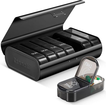 Zannaki Metal XL Weekly Pill Organizer 2 Times a Day, Large Travel Daily Pill Box 7 Day, Portable Week Twice Pill Holder Container, AM PM Pill Case for Medicine Vitamin Medication Supplement, Black