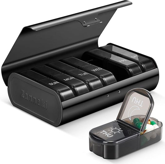 Zannaki Metal XL Weekly Pill Organizer 2 Times a Day, Large Travel Daily Pill Box 7 Day, Portable Week Twice Pill Holder Container, AM PM Pill Case for Medicine Vitamin Medication Supplement, Black