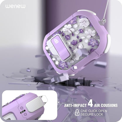 WENEW for AirPods Pro 3 Case (2025) Cover Secure Lock Automatic Snap Switch Clip Cleaner Kit Lanyard Women Stylish Flower Hard Shell Full Body Front LED Visible (Purple Flower, AirPods Pro 3)