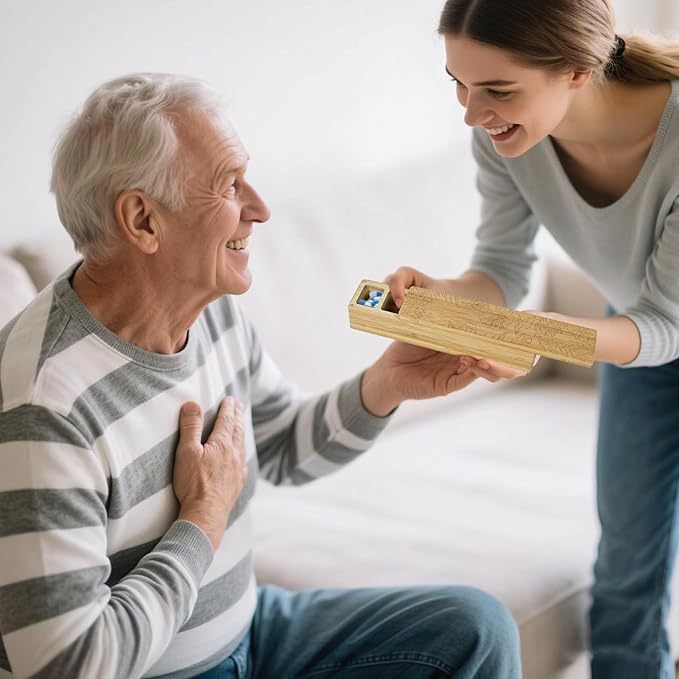 Wood Weekly Pill Organizer, 7 Day Bamboo Tablet Box Vitamin Dispenser, Portable Aesthetic Magnetic Pill Case Container Box for Vitamins Fish Oil Pills or Supplements Daily Travel