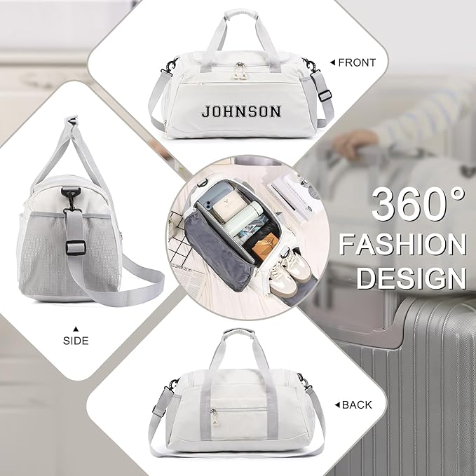 Personalized Duffel Bag Custom Sport Gym Travel Bags Embroidered Name Text Customized Dry Wet Separated Weekend Waterproof Bag for Women Men (A-White)
