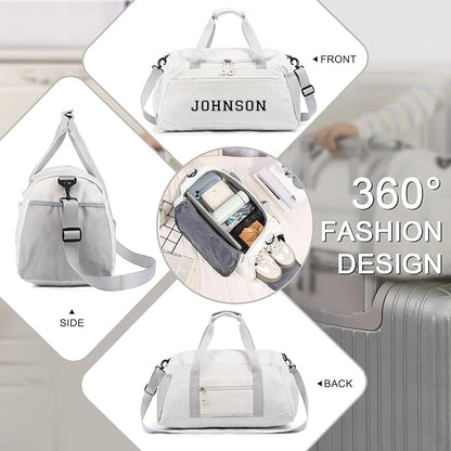 Personalized Duffel Bag Custom Sport Gym Travel Bags Embroidered Name Text Customized Dry Wet Separated Weekend Waterproof Bag for Women Men (A-White)