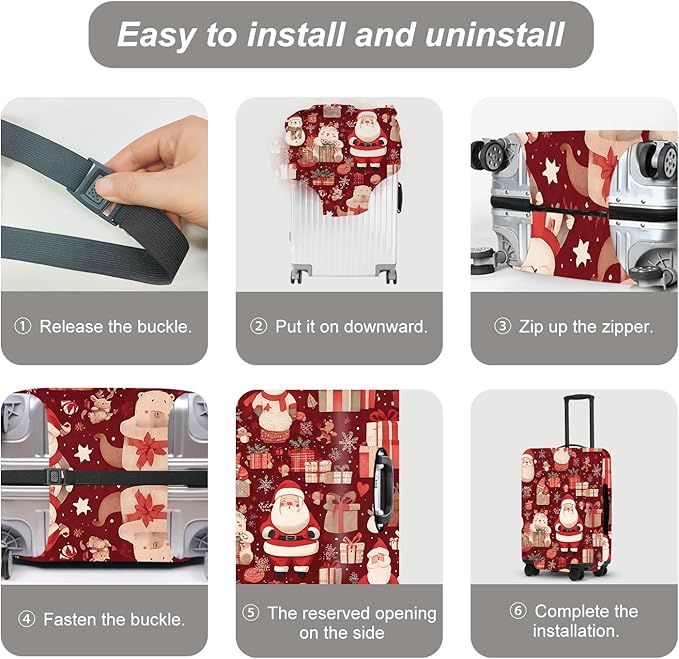 Allover Christmas Luggage Cover - Red Background with Santa, Gifts and Snowmen Pattern, Dense Holiday Design for 28 30 Inch Travel Bag