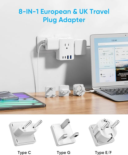 European Travel Plug Adapter Kit, 5ft Detachable Extension Cord with Type C/G/E/F Plug, 4 AC Outlets, 20W USB C Power Delivery, UK Germay France Greece Travel Plug Adapter