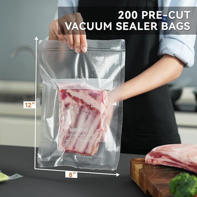Wevac 8" x 12" Precut Vacuum Sealer Bags, 200 Count, Includes 5 Liquid Block Bags & 5 Bone Guard Pieces, Heavy Duty for Food Storage, Sous Vide & Meal Prep