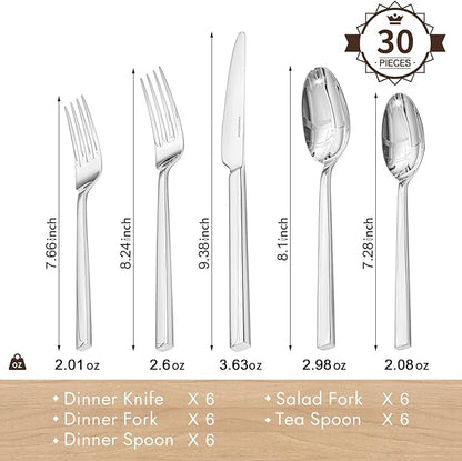 KINGSTONE Silverware Set, 30-Piece Flatware Cutlery Set Premium Stainless Steel, Service for 6, for Kitchen, Home, Wedding, Party, Mirror Polished and Dishwasher Safe