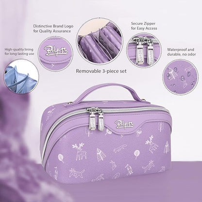 BOYATU Travel Makeup Bag Cosmetic Bags for Women: 3 Pcs Set Portable Make up Bag with Handle - Vegan Leather Toiletry Bags with Compartments - Makeup Organizer for Travel Essentials(L-3-Lilac)