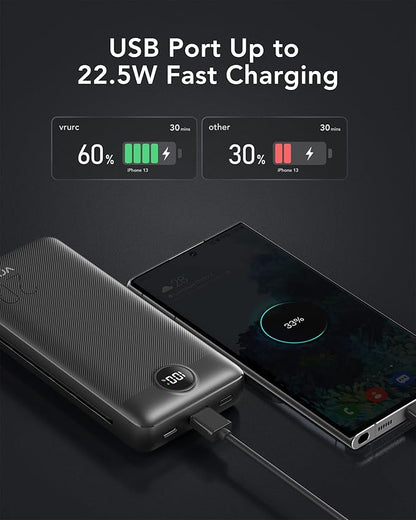 VRURC Portable Charger 20000mAh, Fast Charging Power Bank USB C,4 Output 2 Input Travel Essentials Charging Bank Equipped with LED Display,Built-in Wall Plug and Cables,Phone Charger Battery,Black