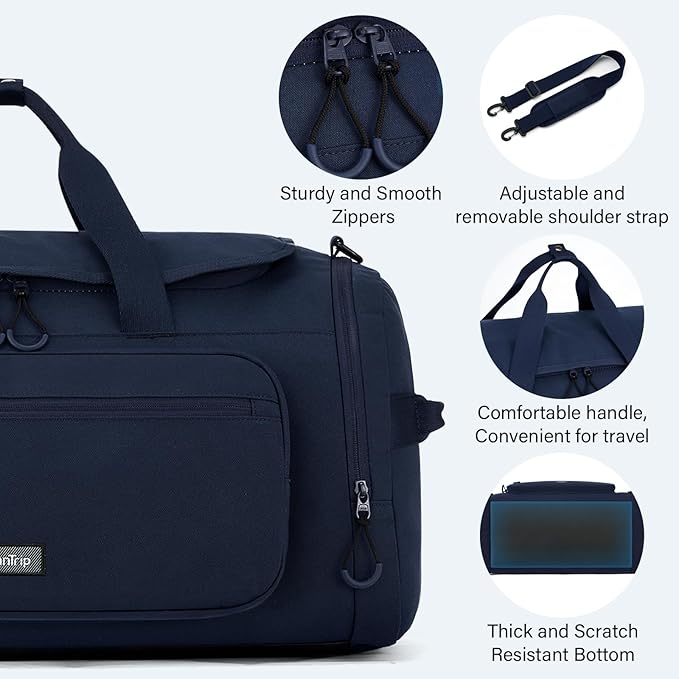 Large Travel Duffle Gym Bag with Shoe Compartment, Underseat Carry On Luggage Overnight Weekender Personal Item Workout Bags for Women Men (Navy Blue)