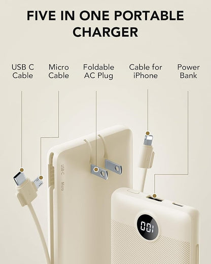 Portable Charger Built-in Cables and AC Wall Plug, USB C Power Bank 10000mAh, Travel Battery Portable Phone Charger Compact Lightweight External Battery Pack for Smart Phones, Tablets etc-Light Coffee