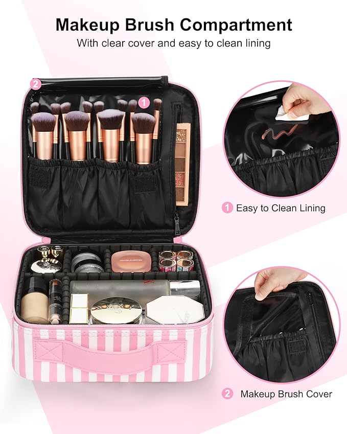 Relavel Travel Makeup Train Case, Cosmetic Case Makeup Organizer, Professional Artist Storage Bag with Adjustable Dividers for Cosmetics Brushes, Birthday Gifts for Girls and Women, Pink Stripe