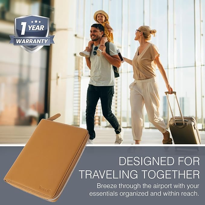 Full Grain Leather Family Passport Holder for 4 Passports - RFID Passport Holder and Travel Document Organizer - Large Leather Travel Wallet for Families - Camel