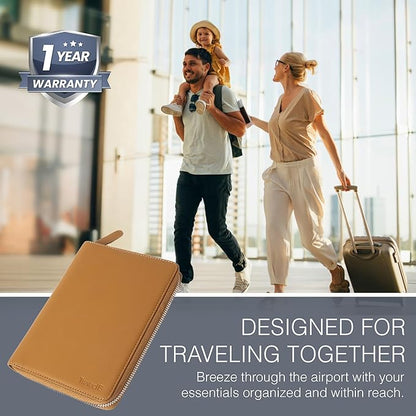 Full Grain Leather Family Passport Holder for 4 Passports - RFID Passport Holder and Travel Document Organizer - Large Leather Travel Wallet for Families - Camel