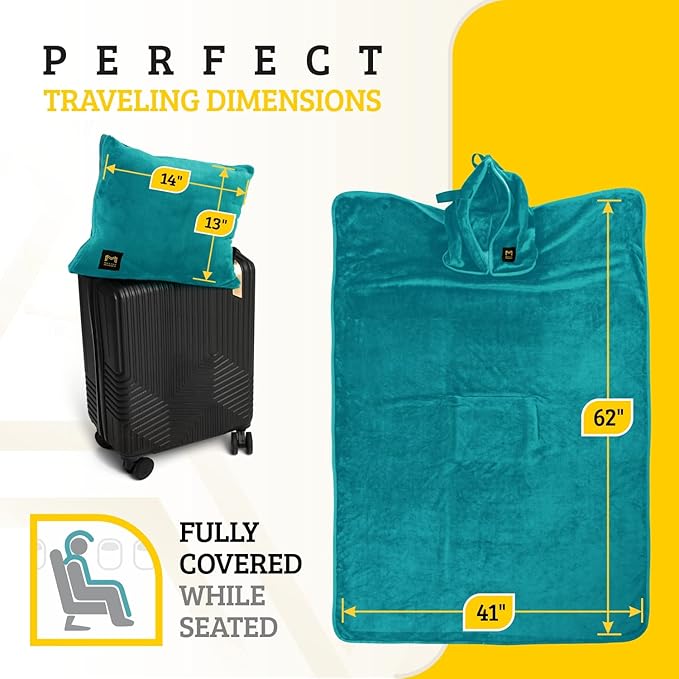 Travel Blanket Airplane Compact with Hoodie – 2in1 Airplane Travel Accessories from Plane Blanket to Travel Pillow with Luggage Strap, Soft Handle & Secure Pocket