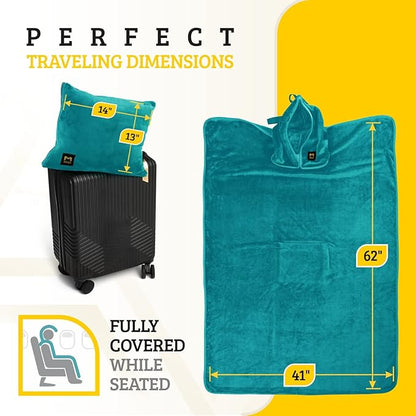Travel Blanket Airplane Compact with Hoodie – 2in1 Airplane Travel Accessories from Plane Blanket to Travel Pillow with Luggage Strap, Soft Handle & Secure Pocket