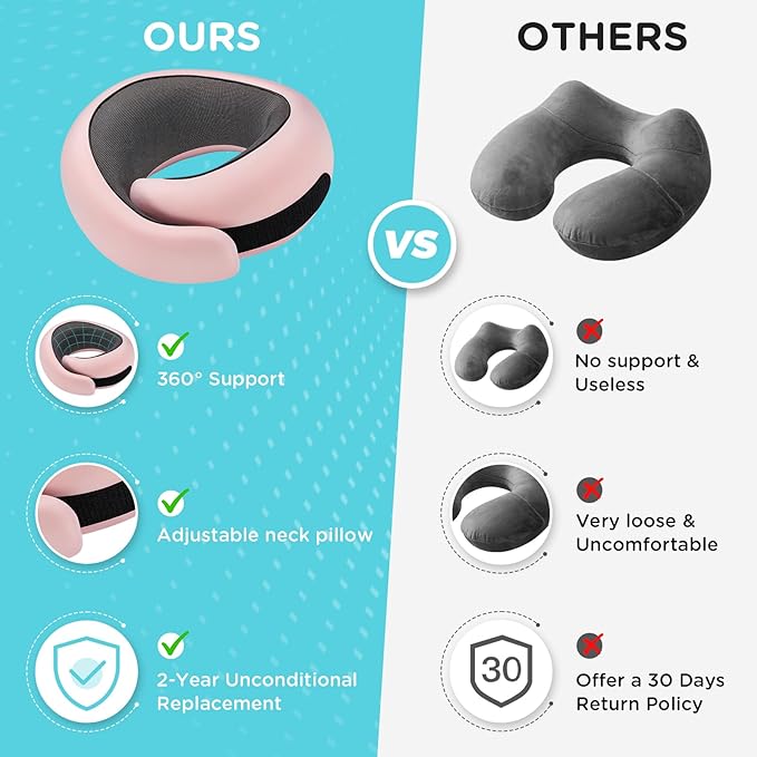 Neck Pillow Airplane,100% Pure Memory FoamTravel Neck Pillow Travel Neck Support Ergonomic &Portable Design Best for Sleeping Plane Car Train Office Flight (Light Pink)