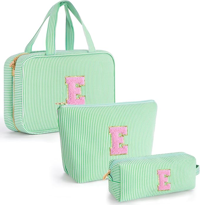 Initial Toiletry Bag for Women - Monogram Cute Makeup Bags Cosmetic Toiletry Pouch Make Up Case for Women Her Friend Friendship Sister Teacher - Green E