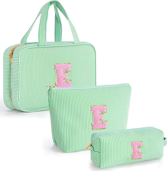 Initial Toiletry Bag for Women - Monogram Cute Makeup Bags Cosmetic Toiletry Pouch Make Up Case for Women Her Friend Friendship Sister Teacher - Green E