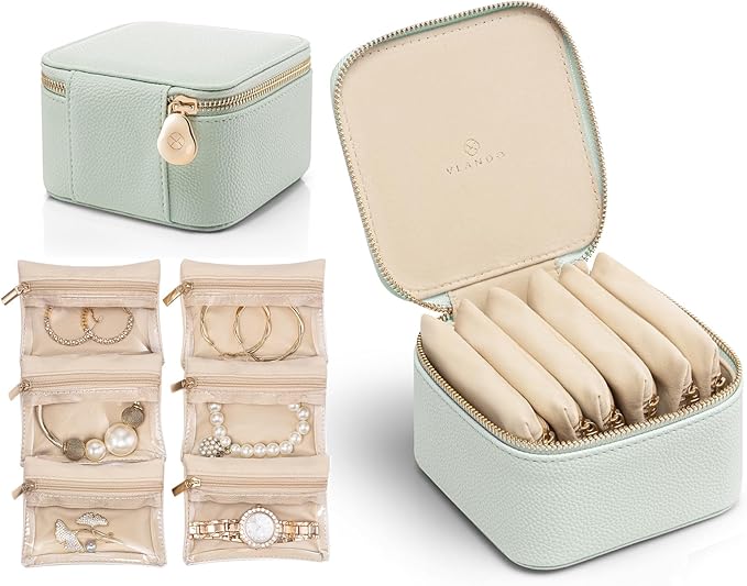 Vlando Travel Jewelry Box Organizer - 6 Small Velvet Zipped Pouches Pockets for Jewelries Necklaces Rings Earrings Sorting Storage, Menthol Mambo