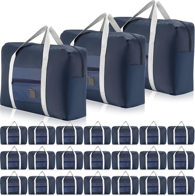 Sweetude 24 Pcs Travel Duffel Bags Bulk Foldable Luggage Bag Women Men Waterproof Carry Tote with Trolley Sleeve for Gym, Overnight, Airlines(Navy Blue)