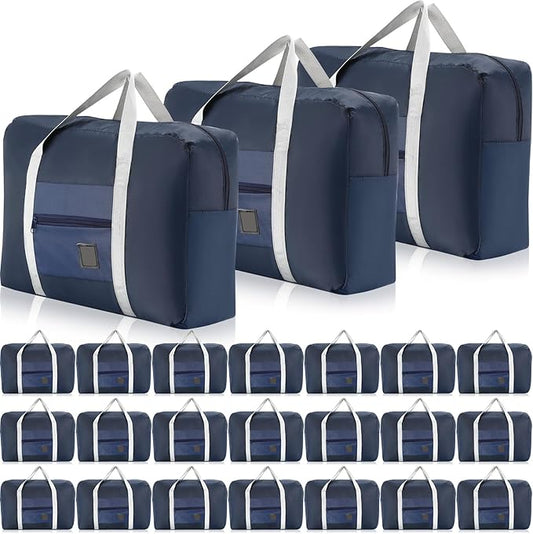 Sweetude 24 Pcs Travel Duffel Bags Bulk Foldable Luggage Bag Women Men Waterproof Carry Tote with Trolley Sleeve for Gym, Overnight, Airlines(Navy Blue)