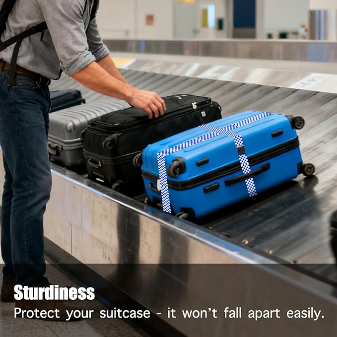 Nuxovilar Luggage Straps of 2 Set Blue White Checkered Pattern, 1.96x90.5 inches - Luggage Straps for Suitcases, Ideal for Sea Trips, Casual Trips, Daily Use