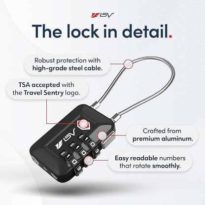 TSA Accepted Luggage Travel Lock, Set-Your-Own Combination Lock for School Gym Locker, Luggage Suitcase Baggage Locks, Filing Cabinets, Toolbox, Case (Black, 4 Pack)