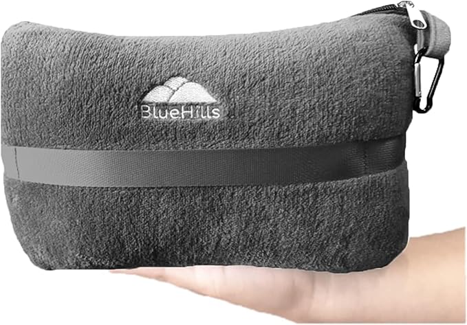 BlueHills Travel Blanket Pillow in Mini Soft Case Premium Plush Airplane Blanket Soft Bag Compact Pack with Luggage Belt and Backpack Clip Small Lightweight Traveling Plane Essentials - Grey Gray M01