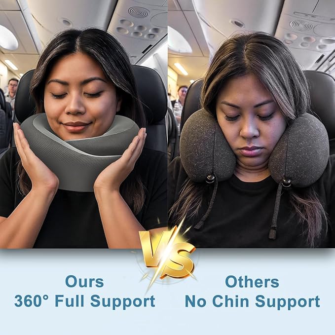 Neck Pillow for Traveling,Travel Neck Pillow for Airplanes,Cooling Fabric&100% Pure Memory Foam,Neck Pain Relief,Ergonomic Support for Long Flight(Gray, Standard Size-(Broad Fit))