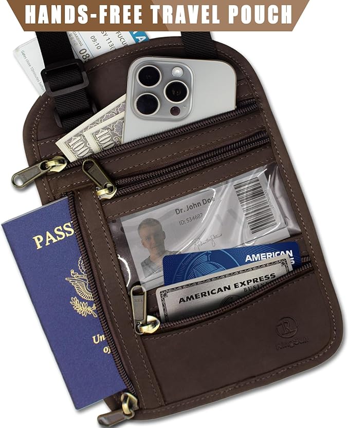 Ringsun Genuine Leather Passport Holder For Travel, RFID Blocking Slim Neck Wallet with Adjustable Strap for Women and Men, Travel Essentials to Keep Cash, Credit Cards and Documents Safe, Red Brown