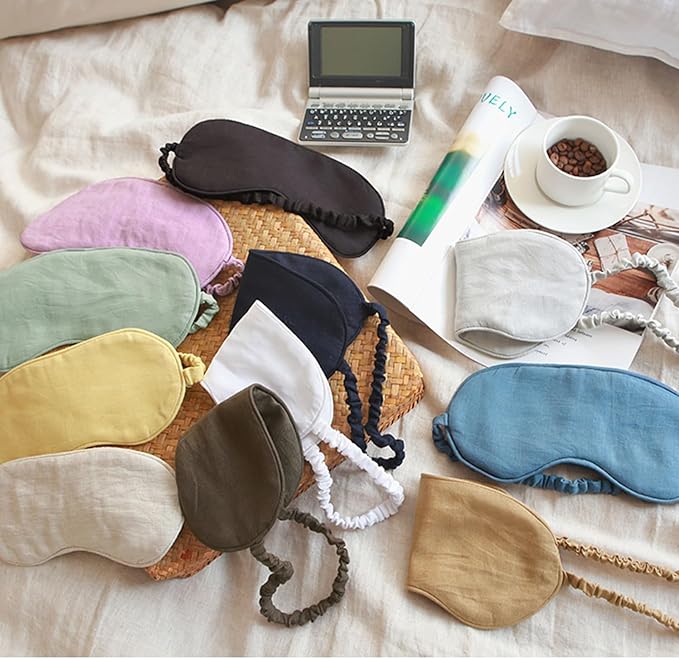 100% Pure Linen Sleep Mask Blackout Eye Mask for Sleeping, Eye Cover with Adjustable Strap - Organic Cotton Core Linen Eyes Mask Breathable for Travel - Gift for Women Men (Champagne Color)