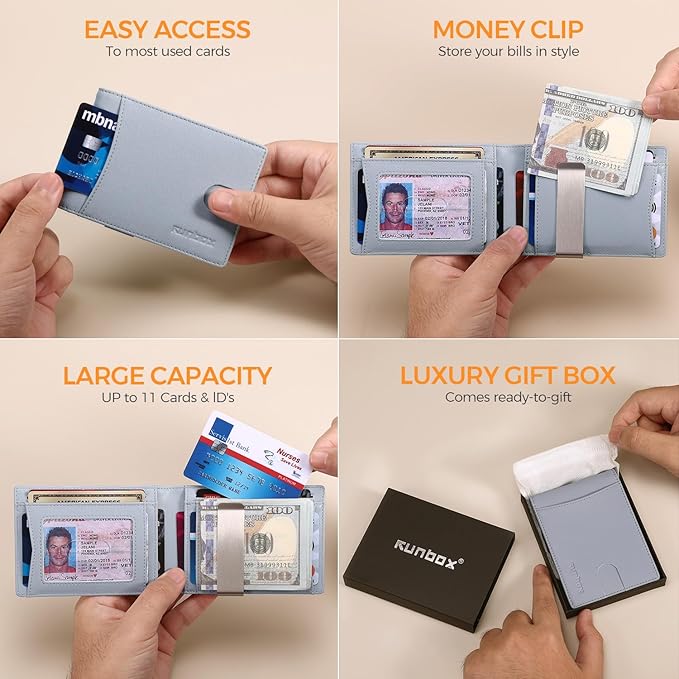 RUNBOX Money Clip Slim Wallets for Men RFID Blocking 11 Card Holder Minimalist Small Leather Bifold Men's Front Pocket Wallet Gift Box