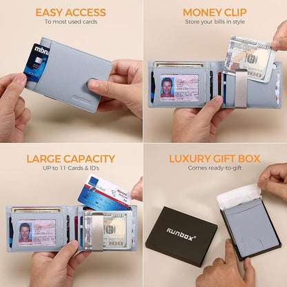 RUNBOX Money Clip Slim Wallets for Men RFID Blocking 11 Card Holder Minimalist Small Leather Bifold Men's Front Pocket Wallet Gift Box