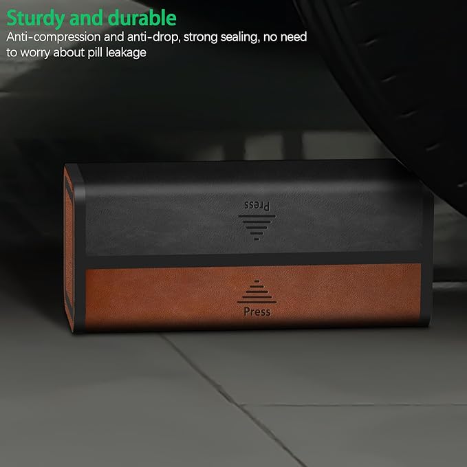 Pill Organizer Weekly, 2 Times a Day for 7-Day Leather Medicine Box Travel Container Vitamin Am Pm Pill Case, Twice Daily Privacy Pill Holder, Modern and Portable Pillbox (Black and Brown)