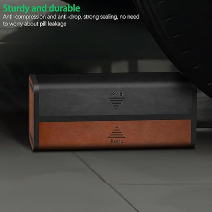 Pill Organizer Weekly, 2 Times a Day for 7-Day Leather Medicine Box Travel Container Vitamin Am Pm Pill Case, Twice Daily Privacy Pill Holder, Modern and Portable Pillbox (Black and Brown)