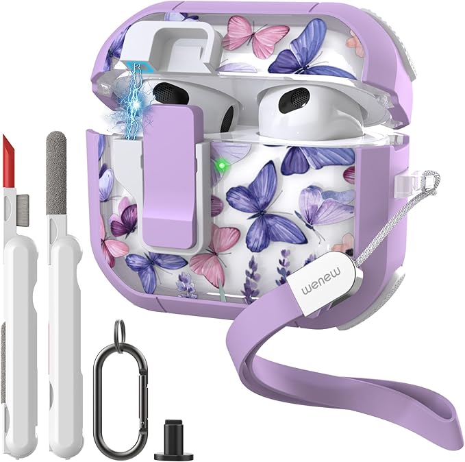 WENEW Case for AirPods 3 Case Cover Secure Lock Automatic Snap Switch Clip Cleaner Kit Lanyard Women Stylish Flower Armour Hard Shell Full Body Front LED Visible (Purple Butterfly, AirPods 3rd)