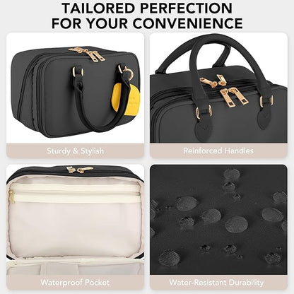 Travel Makeup Bag for Women Fashion Large Capacity Pouch Open Flat Cosmetic Portable Organizer Waterproof Large Opening Storage Toiletry Bags Vertical Free-Standing Brush Holder for Easy Access Black