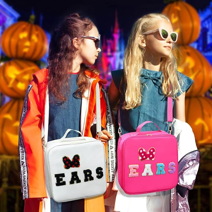 Chenille Letter Bow Mouse Ears Travel Case, Park Ears Headband Holder Hair Accessories Organizer Bag for Girls Women Kids Adults, Large Makeup Bag Snack Bags with Zipper for Travel Picnic - White