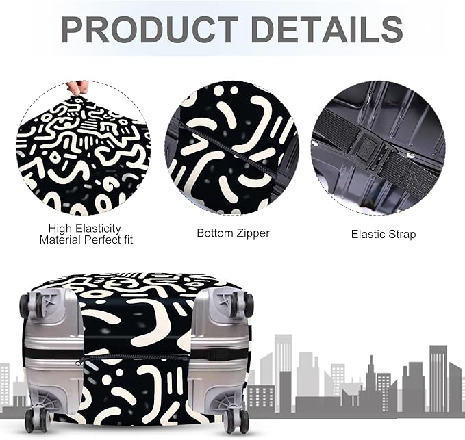 ANNA QUEEN Abstract Black and White Luggage Cover, Artistic Line Design, Stretchable & Washable Travel Sleeve for 20-34 Inch Luggage