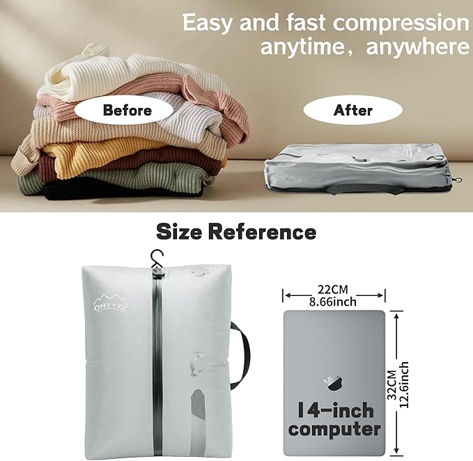 ONTYZZ Travel Vacuum Compression Bags Space Saver Vacuum Bags Reusable Compression Bag with IP67 Waterproof Zipper for Travel Suitcases and Backpack,One Pack Grey（NO PUMP!）