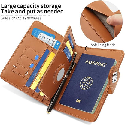 Passport Holder Wallet Bag with AirTag Holder, Card Slots and Passport Solt Ticket Cash Solt, Photo Solt Sim Card Pen Slot.Brown