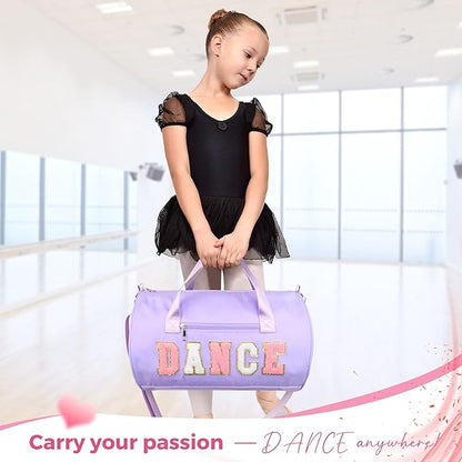 Dance Bag for Girls, KUIRAN 23L Waterproof Travel Duffel Bag with Colorful Chenille Letter, Lightweight Small Gym Sport Ballet Weekender Bag with Large Main Compartment - Purple