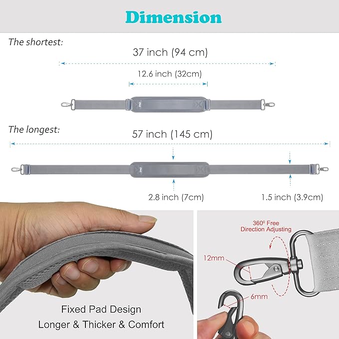 Shoulder Strap, ZINZ 57" Padded Adjustable Shoulder Bag Straps Replacement for Bags with D-Ring (G02Y01)