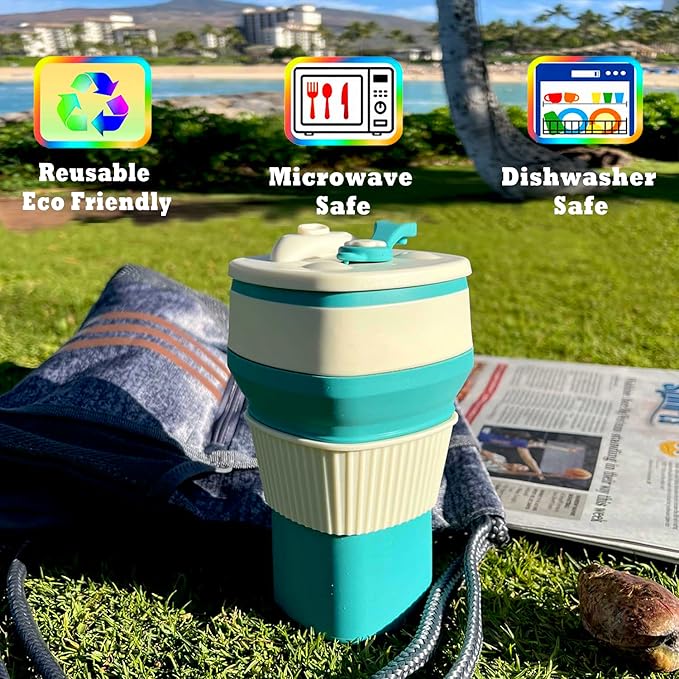 Collapsible Silicone Cup, Safe & Portable, for Hot & Cold Drinks, 18.6 oz (550 ml) - Travel, Camping, Office, and More – Turquoise Blue