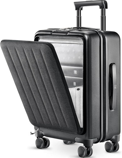 NINETYGO Carry on Luggage 22X14X9 Airline Approved with Front Pocket, 20 Inch Luggage with Front Compartment, Expandable, Double Spinner Wheels, Hardsided PC, TSA Lock (Black, Seine Max)