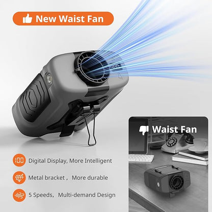 Portable Waist Fan 10000mAh Portable Waist Fan 18000RPM Neck Fan With Max 12H Working Time 5 Speeds adjustment with LED flashlight and Charging display Cooling for Outdoor Jobsite and etc