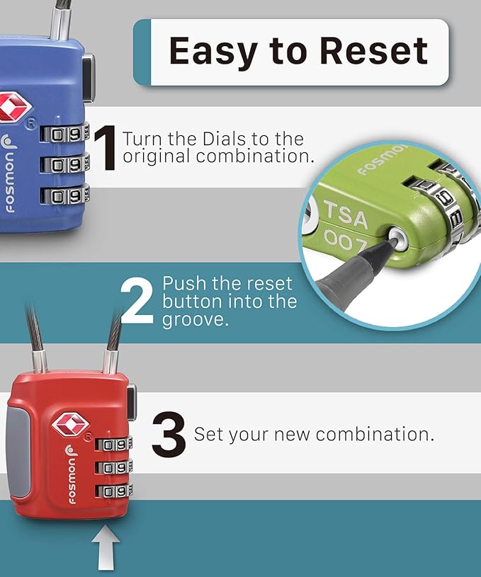 Fosmon TSA Approved Luggage Locks, Cable Suitcase Travel Lock, 3 Digit Long Shackle Combination Padlock, Wire Lock for Gym Locker, Backpack Anti Theft